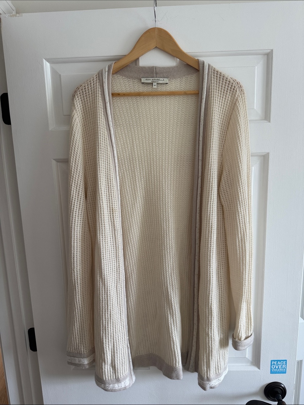 Rani Arabella CASHMERE LongCream Open-Front Waffle Knit Cardigan with Taupe Trim